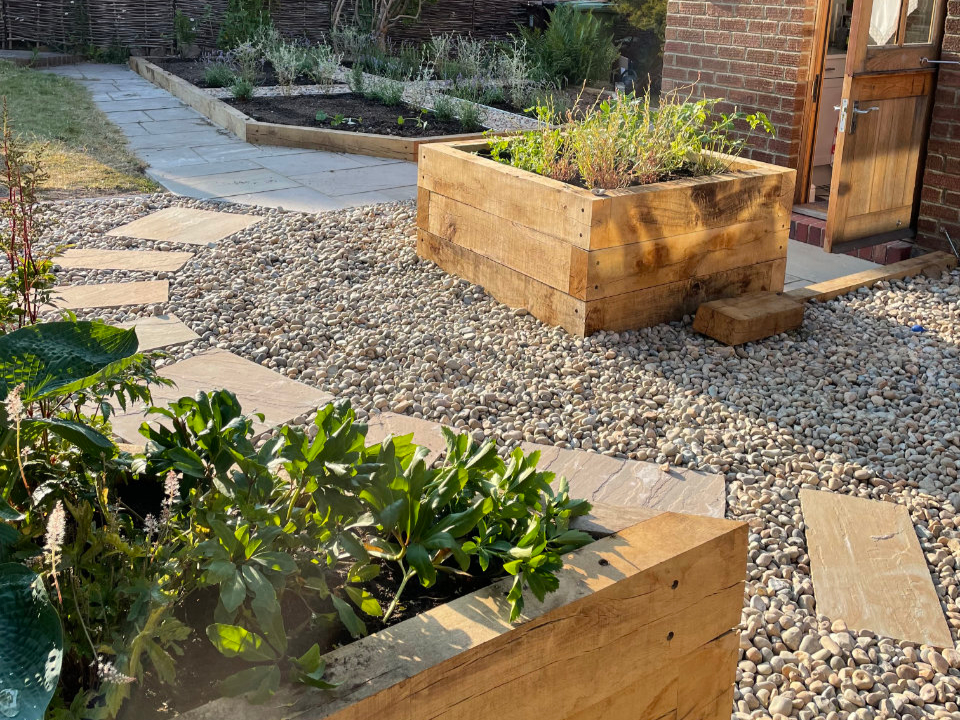 Bexhill town garden Oak planters